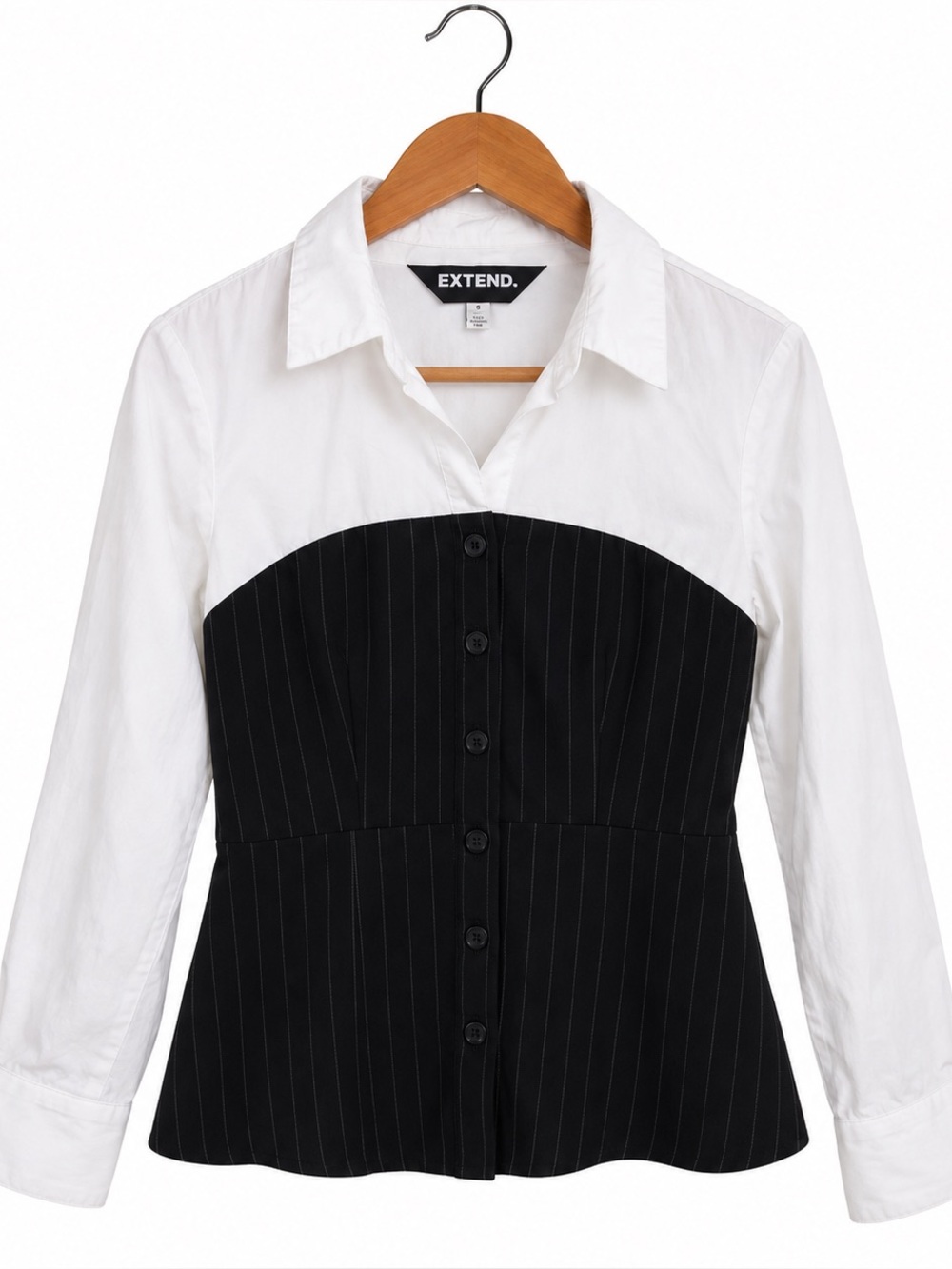 EXTEND Navy Pinstripe Corset Button-Up Top | S | NWOT